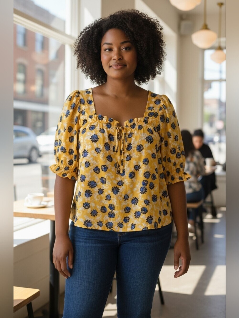 Zac & Rachel Woman Floral Tie-Front Square Neck Puff Sleeve Top Size Large